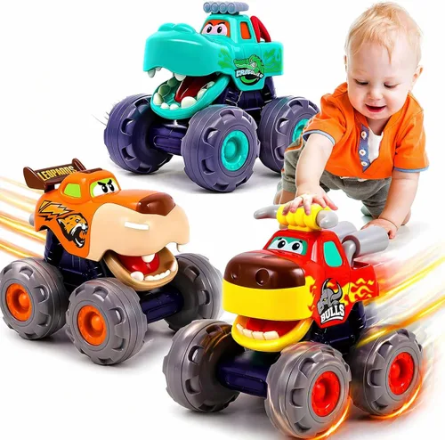 MOONTOY Carros de juguete para niños pequeños de 1 a 3 años, paquete de 3 juguetes de camión monstruo para niños de 1, 2, 3 años, vehículo de juego