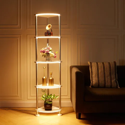 Miniatura 8 de Lámpara de pie con estantes de altura ajustable con sincronización de música LED lámpara de pie con estación de carga regulable y sincronización RGB