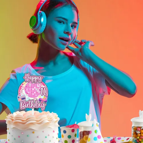 Miniatura 4 de Decoración retro de pastel de discoteca para niñas de 10 cumpleaños feliz hip hop, decoraciones de boombox, fiesta de patinaje sobre ruedas, fiesta