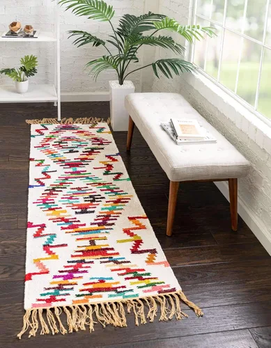 Unique Loom Chindi Trellis Collection - Alfombra azteca (2 pies 2 pulgadas x 6 pies 1 pulgada, alfombra de pasillo, multicolor / azul)