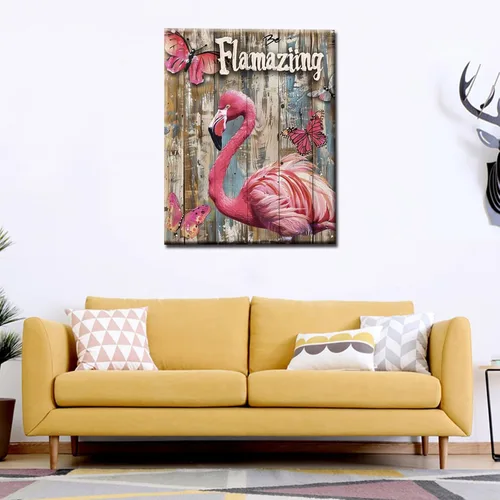 Miniatura 3 de Kit de pintura por números de flamenco y letrero "Flamaziing" para adultos principiantes, animal rosa, grano de madera, acrílico fácil sobre lienzo