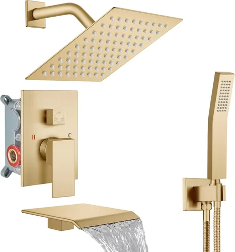 Midanya Sistema de ducha con caño de bañera, juego de grifo de ducha con cabezal cuadrado de lluvia y rociador de mano para montaje en pared, juego