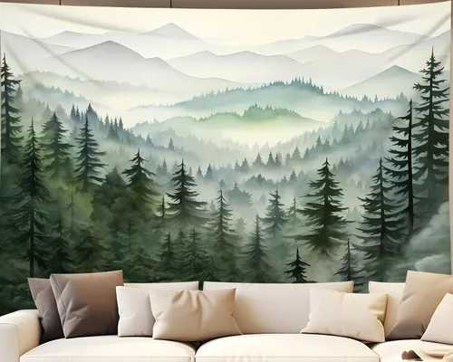 Miniatura 13 de QGHOT Tapiz de bosque brumoso, tapiz de montaña natural para colgar en la pared, paisaje de acuarela verde salvia, arte de pared para dormitorio