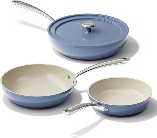 Redchef Sartenes de cerámica antiadherente, 4 piezas de cerámica profunda con tapa, sartén profunda de 8, 9.5 y 11 pulgadas, sartenes de huevo Azul