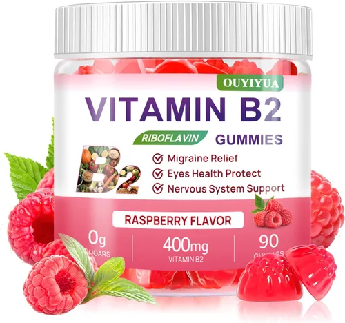 Gomitas de vitamina B2 con riboflavina de 400 mg con magnesio para niños y adultos, gomitas B2 para aliviar la migraña, alivio del dolor de cabeza y