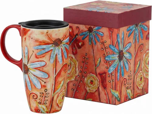 Miniatura 9 de Topadorn Taza de viaje de cerámica de 17 onzas con tapa, rosa acuarela y flores a cuadros, resistente a derrames, apta para microondas y Verde & Rosa