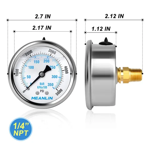 Miniatura 2 de MEANLIN MEASURE 0~5000 Psi Acero inoxidable 1/4" NPT esfera de 2.5 pulgadas Manómetro de presión lleno de líquido WOG Agua Aceite Aire montaje