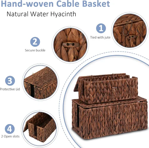 Miniatura 3 de efluky Paquete de 2 fundas para cables de suelo de jacinto de agua con tapa, caja de gestión de cables tejida a mano, 2 ranuras abiertas