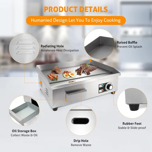 Miniatura 4 de WICHEMI Plancha Eléctrica Comercial de 22" 3000W Parrilla de Superficie Plana Plancha de Encimera de Acero Inoxidable Parrilla Teppanyaki con Placa