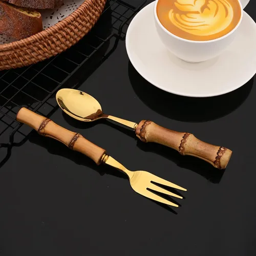 Miniatura 9 de JASHII Juego de cubiertos de 30 piezas con mango de bambú, juego de cubiertos dorados de acero inoxidable 304, servicio para 4, con 2 cucharas