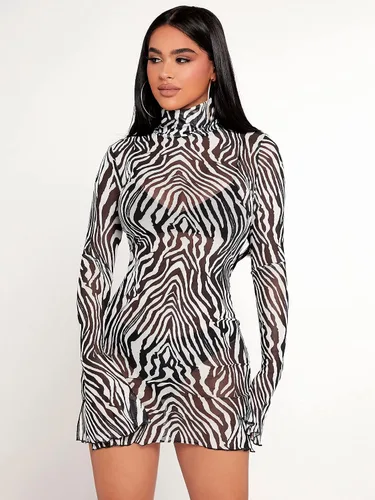 Miniatura 5 de Verdusa Vestido ajustado de manga larga con cuello alto falso de malla transparente para mujer