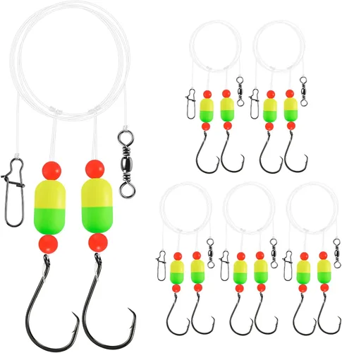 Miniatura 8 de Alwonder Paquete de 5 aparejos de pesca Pompano con flotadores Snell, aparejo giratorio de cebo vivo de agua salada, broches de presión de doble