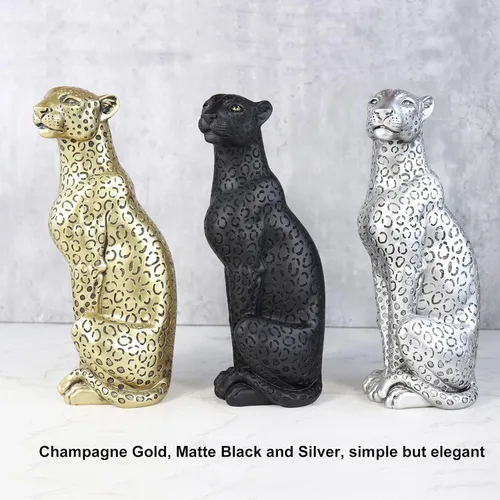 Miniatura 8 de Estatua de guepardo Pantera Negra Estatua de leopardo negro de 11 pulgadas de alto, resina moderna, escultura de animales, decoración de mesa