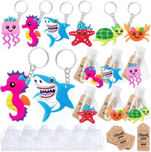 CiciBear Paquete de 54 regalos de regreso de fiesta del mundo marino con llaveros de criaturas marinas y etiquetas de agradecimiento para cumpleaños