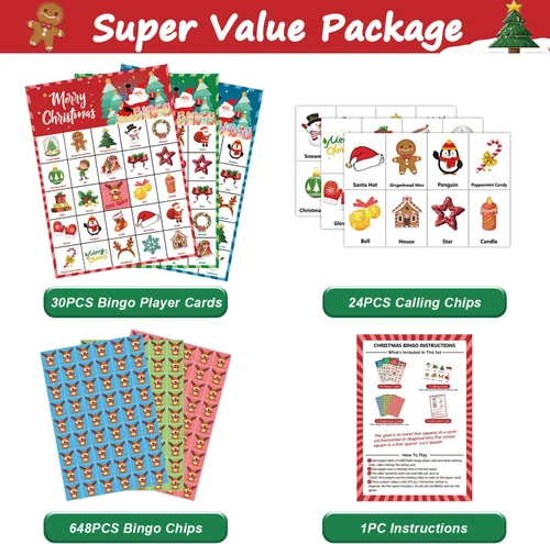 Miniatura 2 de VESPRO 46 tarjetas de juego de bingo de Navidad para 30 jugadores, juegos de fiesta de Navidad para niños, actividades en el aula