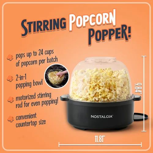 Miniatura 2 de Nostalgia - Máquina de palomitas con mezclador antiadherente para 24 tazas de palomitas estilo teatro con aceite caliente - Tapa de doble uso y Negro