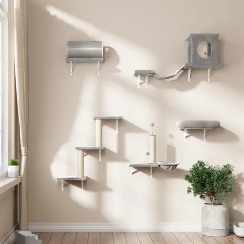 Miniatura 14 de NUNU LAB Estantes de muro para gatos, juego de 6 piezas de lujo montado en la pared, muebles para gatos interiores con 1 casa tipo condominio, 2