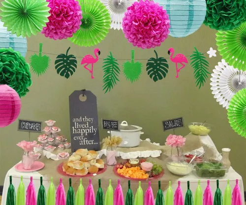 Miniatura 5 de Juego de 29 piezas de decoración de fiesta de hojas de palmera de flamenco tropical, abanicos de papel, pompones y linternas para Luau hawaiano