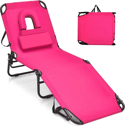 Miniatura 19 de GYMAX Silla de bronceado, silla de playa de 350 libras con agujero para la cara, almohada lavable y correa de transporte, tumbona plegable