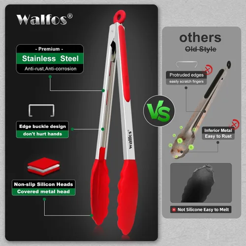 Miniatura 8 de Walfos Pinzas de silicona para cocinar: pinzas de cocina resistentes al calor para ensaladas, cocinar, asar, acero inoxidable y puntas de silicona
