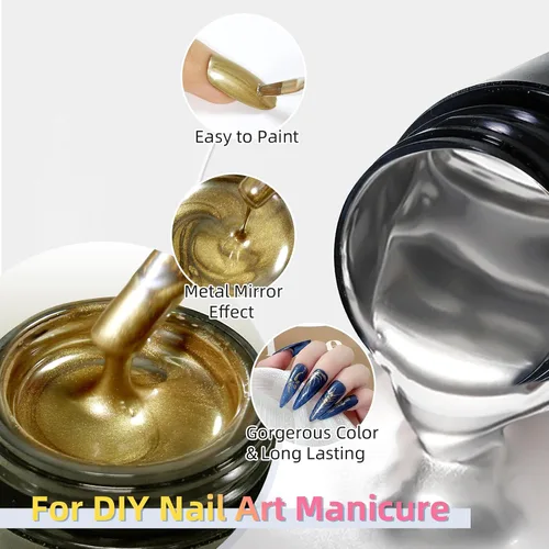 Miniatura 5 de Gel de pintura metálica de 2 x 0.3 fl oz, esmalte de uñas plateado y dorado, pintura de metal 3D, esmalte de gel de dibujo de espejo, esmalte