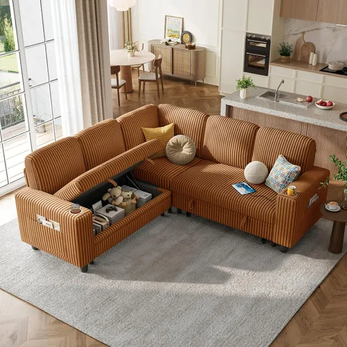 Miniatura 45 de LINSY HOME - Sofá cama extraíble modular con sección para dormir, con almacenamiento, sofá seccional de pana mullida para sala de estar, sofá cama