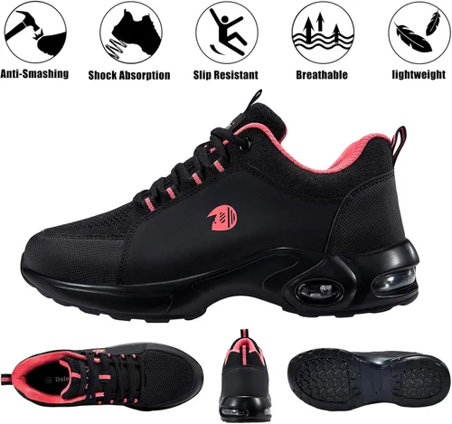 Miniatura 6 de Delobi Zapatos de punta de acero para mujer, zapatos de trabajo de seguridad, antideslizantes, cómodos, ligeros, con amortiguación de aire, zapatos