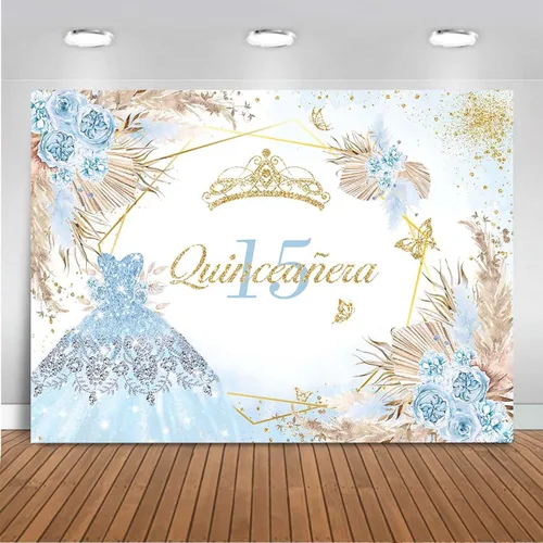 Mocsicka Quinceanera - Telón de fondo de cumpleaños número 15, para mujeres y niñas, bohemio, elegante, flores rosadas, fondo de vinilo bohemio, Azul