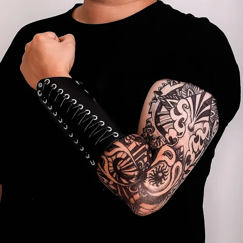 Miniatura 7 de MILAKOO 2 unids hombre negro cuero ancho guantelete pulsera de sujeción brazo armadura brazalete ajustable