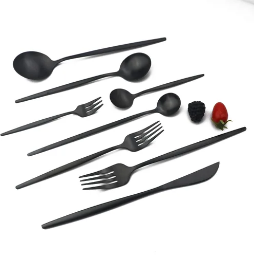 Miniatura 2 de JASHII Juego de vajilla de 32 piezas de acero inoxidable con cuchara de café, cuchara de mango largo, servicio de cubiertos premium para 4 Negro