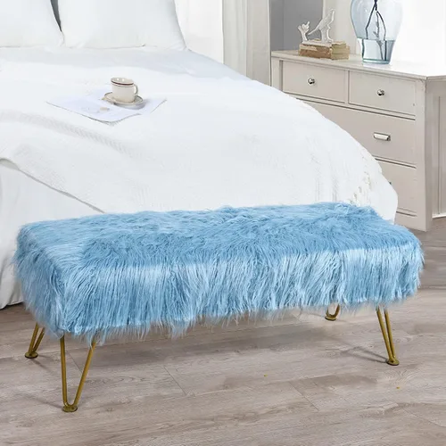 Miniatura 4 de Banco otomano de piel sintética de felpa suave azul para entrada, reposapiés peludo, 46 x 16 x 17 pulgadas, banco largo resistente para dormitorio