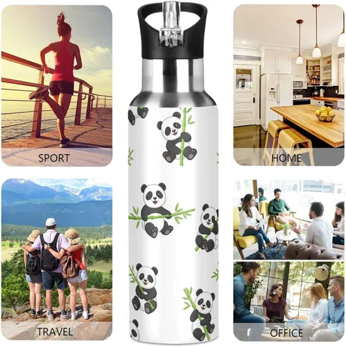 Miniatura 5 de BPA-Free Sport Water Bottle Insulated 20 Oz, Insulated Stainless Steel Water Bottle with Straw for Gym Outdoor Travel School, Cute Cartoon Pandas
