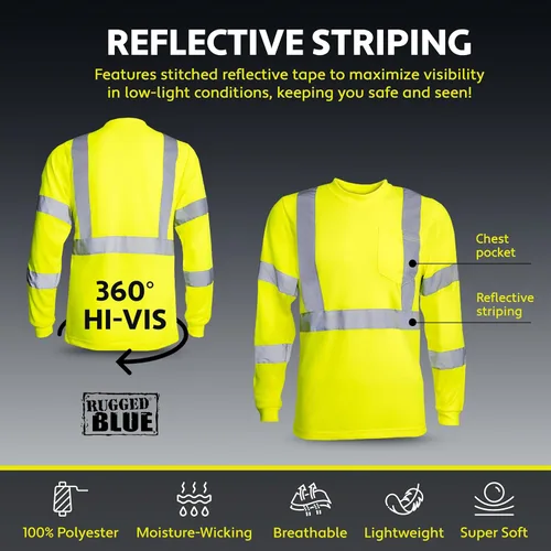 Miniatura 5 de RUGGED BLUE Camisa de manga larga de alta visibilidad que absorbe la humedad, camisa de trabajo de alta visibilidad con clasificación ANSI Clase 3