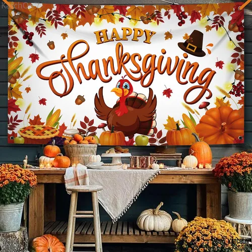 Miniatura 5 de KatchOn, Cartel de Feliz Acción de Gracias – Xtragrande, 72 x 44 pulgadas, telón de fondo de pavo para decoraciones de Acción de Gracias en Blanco