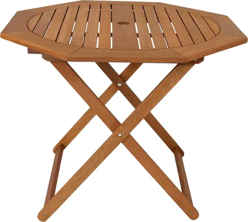 Miniatura 10 de Sunnydaze Meranti - Mesa plegable de madera para exteriores con agujero para sombrilla - Mesa de patio plegable para comedor y reuniones - Acabado