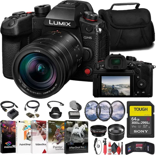 Panasonic Cámara Lumix GH6 sin espejo con lente de 0.472-2.362 in f/2.8-4 (DC-GH6LK) + tarjeta SD resistente Sony de 64 GB + kit de filtro + lente
