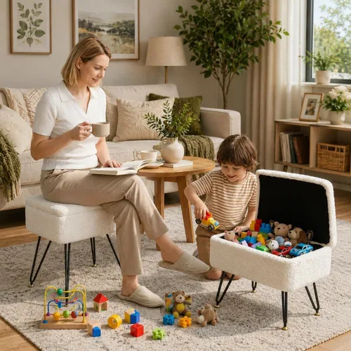 Miniatura 5 de Taburete de tocador, taburete otomano de piel sintética de peluche con patas de metal y pies negros ajustables, silla de maquillaje con Blanco