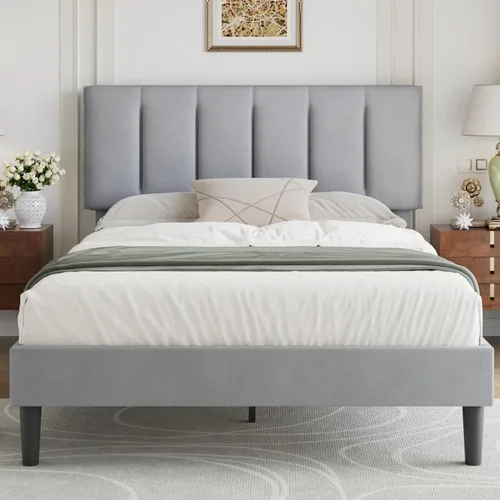 Miniatura 45 de VECELO - Base de cama tamaño individual con cabecera tapizada, plataforma con soporte de listones de madera de alta resistencia, no necesita somier