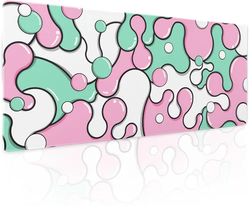 Miniatura 61 de Alfombrilla de ratón rosa y verde anime geométrica japonesa extendida para escritorio 90X40 CM, base de goma antideslizante, borde cosido