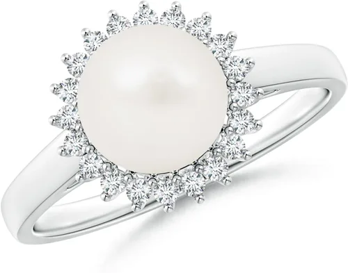 Angara Anillo de halo de perlas cultivadas de agua dulce natural para mujeres, niñas en plata de ley, oro macizo de 14 quilates, regalo de joyería