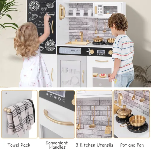 Miniatura 5 de Costzon Juego de Cocina para Niños, Set Grande de Juguete de Cocina de Chef de Madera con Sonidos y Luces Reales, Microondas, Pizarra, Horno, Blanco