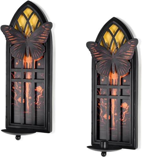 Miniatura 4 de Juego de 2 candelabros góticos de pared, de hierro con mariposa y luna, con bandejas extraíbles para velas cónicas y pilares, jardín romántico