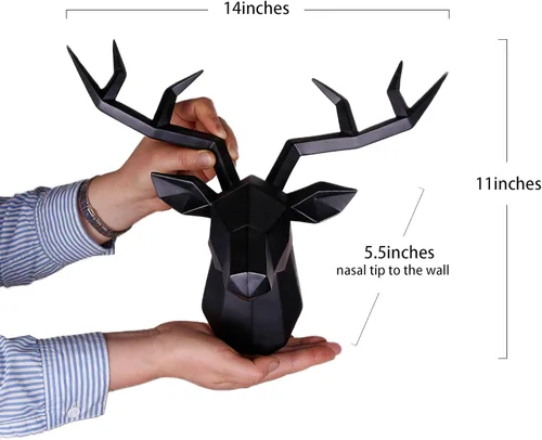 Miniatura 6 de Decoración de pared de cabeza de ciervo geométrica de cuernos de ciervo negro, escultura de pared de resina de taxidermia sintética, cabeza