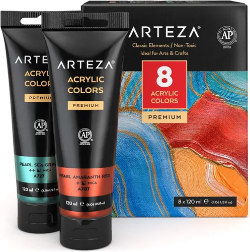ARTEZA Pintura acrílica metálica, juego de 8 tubos de colores clásicos de 4.06 onzas, pigmentos ricos, no se decolora, pinturas para artistas y