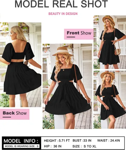 Miniatura 5 de Vestidos de verano para mujer, cuello cuadrado, casual, manga corta, cruzado, cintura elástica, mini vestido de fiesta