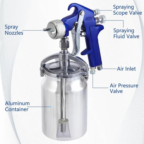 Miniatura 3 de B4B BANG 4 BUCK Pistola pulverizadora profesional de alimentación por sifón HVLP, taza de capacidad de 1000 cc con boquillas de 0.051 in, 0.067 in