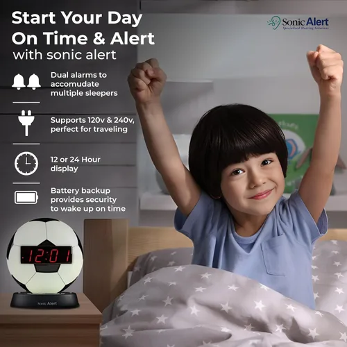 Miniatura 4 de Sonic Alert Reloj despertador con balón de fútbol con luz nocturna brillante, batería de reserva y atenuador de rango completo, reloj despertador