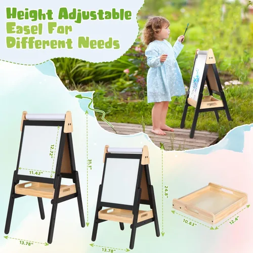 Miniatura 4 de Caballete 3 en 1 para niños pequeños con bandeja de madera, caballete de madera de doble cara con rollo de papel, pizarra magnética y pizarra blanca