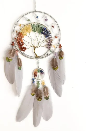 Miniatura 11 de Árbol de la vida negro de 7 chakras, decoración de pared con piedra de cristal curativo arco iris, hecho a mano, plumas, atrapasueños, adorno