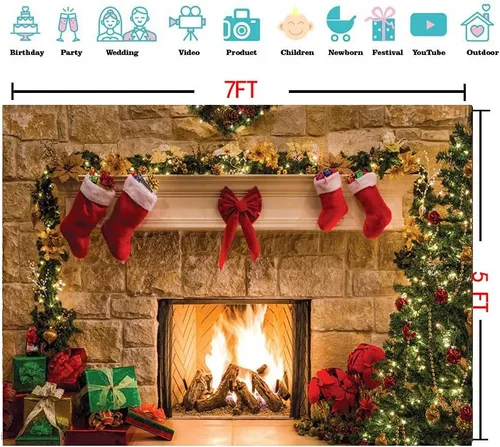 Miniatura 5 de Telón de fondo de chimenea de Navidad de 7x5 pies, telón de fondo de Navidad con árbol y calcetín, decoraciones para suministros de fiesta